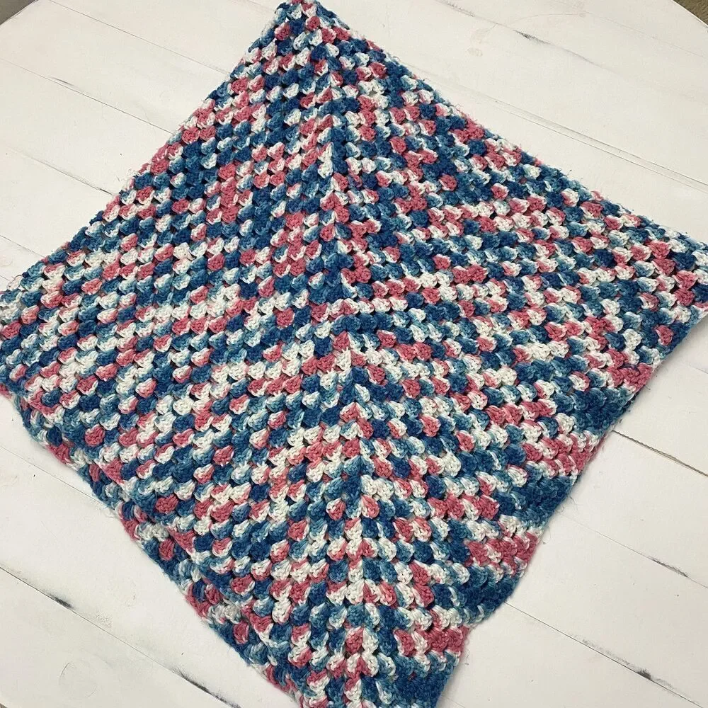Pre-loved Handmade Crochet Afghan Throw Blanket Pink Blue White 63